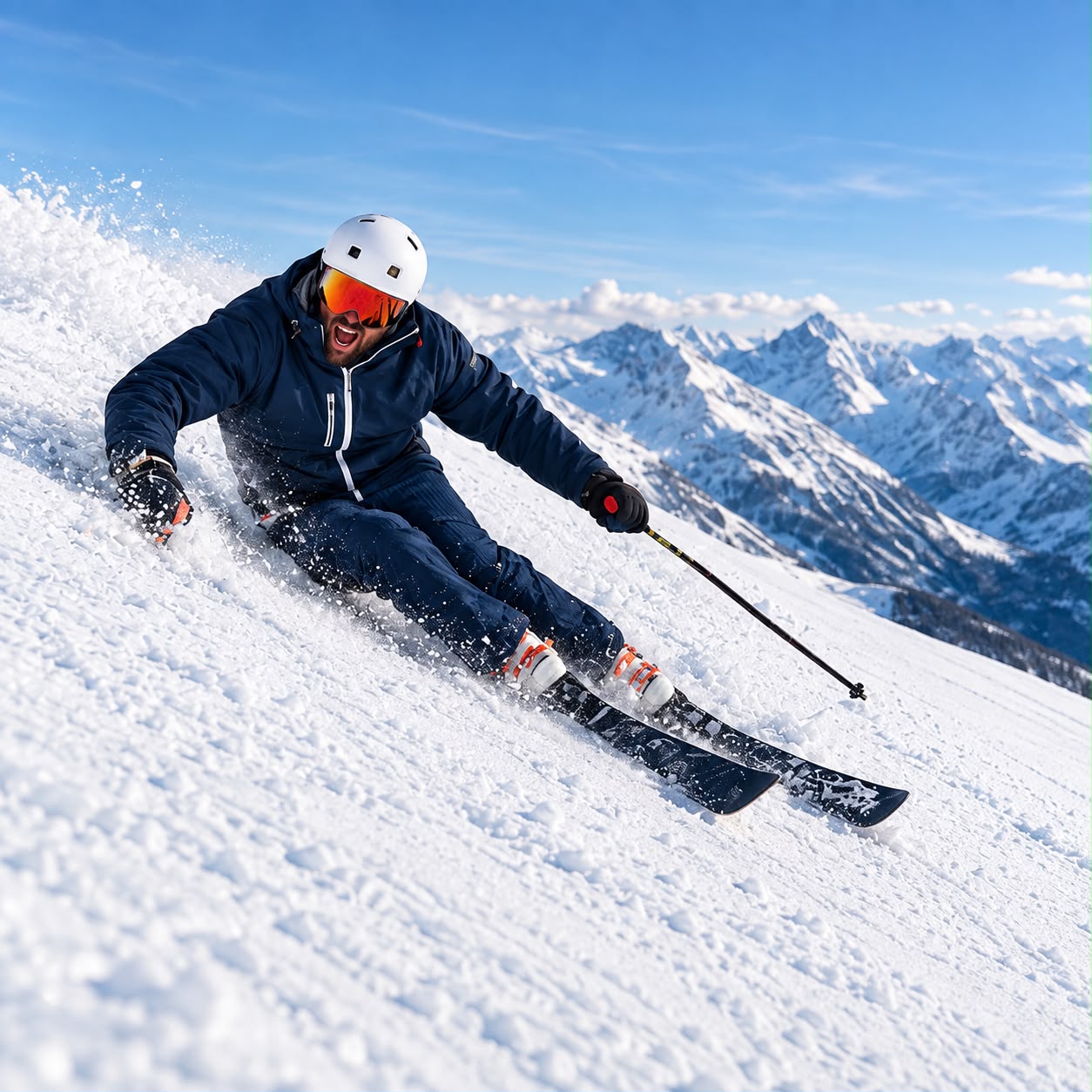 Sciatore Ski Mastery in curva sulla neve