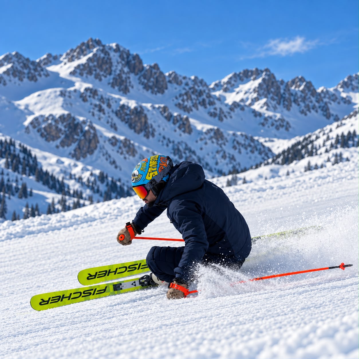 Sciatore in curva sulla neve con le montagne sullo sfondo